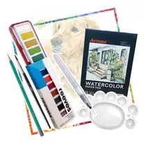 Set Acuarelas Pinceles Paleta Hojas Tinta Dibujo Importado