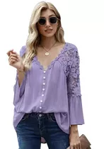 Blusa Mujer Suelto Encaje Cuello En V Manga Larga