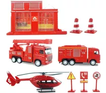 Juguete Bomberos Niños Set Auto Camión Helicóptero Metal 