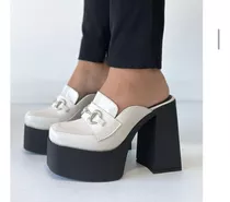 Zapatos Suecos Taco Alto Negro Blanco Cadena Cuero Liviano 