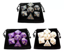 Kit 21 Dados Rpg De Mesa Opaco Perolado Royal + 3 Bolsas Cor Branco + Preto + Roxo