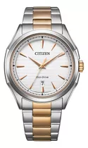 Reloj Citizen Aw175689a Para Hombre Triple Manecilla Fecha Malla Dos Tonos Bisel Plateado Fondo Blanco