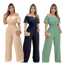 Macacão Feminino Longo Pantalona Crepinho Ombro A Ombro Luxo