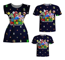 Vestido Mãe E Blusas Pai E Filho - Estampa De Game Sm159