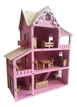 Casa De Boneca Montada 45 Cm Pintada Rosa 18 Mini Moveis..