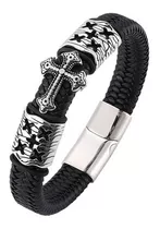 Pulsera Hombre Cruz Plateada Y Cuero  Negro Chic Fashion