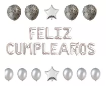 Globos Metalizados Feliz Cumpleaños + Estrella Confeti Perla