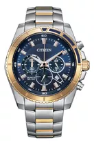 Reloj Citizen An820653l Para Hombre Cronógrafo Marcador24hrs Malla Dos Tonos Bisel Dorado/azul Fondo Azul