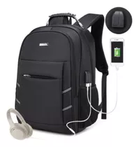 Mochila Notebook Alça De Aço C/ Cabo Usb/fone Ouvido Grande Cor Preto