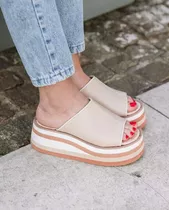 Sandalias Zuecos Beige Crema Natural Con Plataforma Base Eva