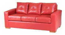 Sofá Muebles América Franco De 3 Cuerpos Color Rojo De Cuero Ecológico Y Patas Color Naranja Oscuro De Madera