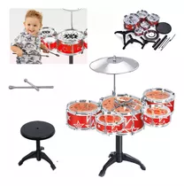 Mini Bateria Infantil 05 Tambores Laranja Completa Com Banco