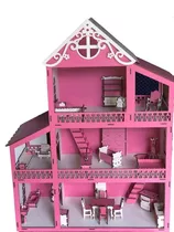 Casa Casinha De Boneca Polly Mdf + 25 Móveis Rosa E Branca