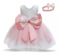 Vestido Bautizo Bebe Blanco Y Rosa+ Cintillo De 0 A 18 Meses