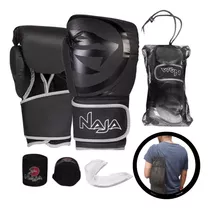 Kit Luvas De Boxe Muay Thai Naja Black + Protetor + Bucal