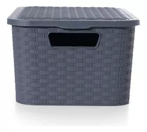 Canasto Cajón Organizador Plástico Símil Rattan Mediano X 4 Color Gris