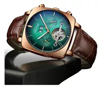 Relógio Masculino Luxo Quartzo Social Sport Clássico Couro Cor Da Correia Marrom Cor Do Bisel Dourado Cor Do Fundo Verde