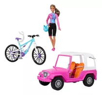 Barbie To Move Com Carro Jeep Rosa Bicicleta Capacete Mattel