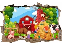 Vinilos Efecto 3d Hueco Pared Granja Infantil - 1m X 60cm