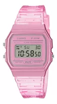 Reloj Pulsera Casio Collection F-91 De Cuerpo Color Rosa, Digital, Para Hombre, Fondo Gris, Con Correa De Resina Color Transparente Y Rosa, Dial Negro, Minutero/segundero Negro, Bisel Color Rosa Y Heb