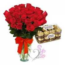 Arreglos Florales 24 Rosas Rojas + Chocolates Florero Cdmx