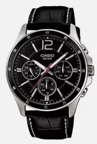 Reloj Casio Mtp-1374l Hombre Multifuncion Acero Cuero 50m Wr Color De La Correa Negro Color Del Bisel Negro Color Del Fondo Negro