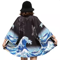 Kimono Cardigan Yukata Koi Oceano Japones Verano Camisa 