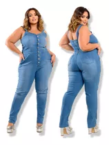 Macacão Longo Jeans Feminino Com Lycra Alça Larga Plus Size