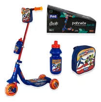 Patinete Azul Heróis Infantil Garrafa Bolsa Buzina 3 Rodas