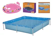 Kit Piscina 1500 Litros + Capa E Forro Mor + Boia Bote Rosa