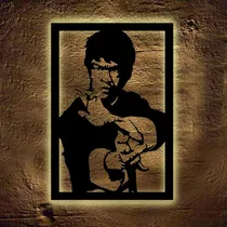 Cuadro Bruce Lee En Madera Y Luz Led Calida 55 X 38 Cm