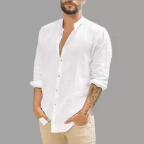 Camisas Manga Larga Lino De Hombre, Camisas Cuello Mao