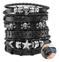 Conjunto Pulsera Brazalete Hombre Rock Cuero Calavera 6 En 1