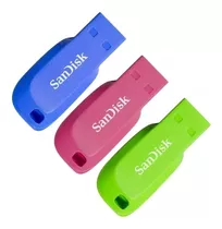 Triple Pack Pendrive Sandisk 32 Gb Usb 2.0 Rosado Azul Verde Cruzer Blade 3- Pack