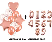 Kit Buque Baloes Rose Gold C/10 + 2 Balão Número Rose 40cm