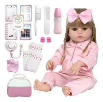 Boneca Bebê Reborn Loira Fofa 100% Silicone Bolsa Acessórios