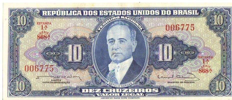 1 Cédula Dinheiro Antigo, 10 Cruzeiros, 1ª Série, Ano 1963 
