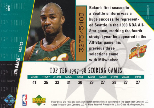 1998-99 Spx Finite Star Power Vin Baker Sonics /5400 - $ 46.00 en