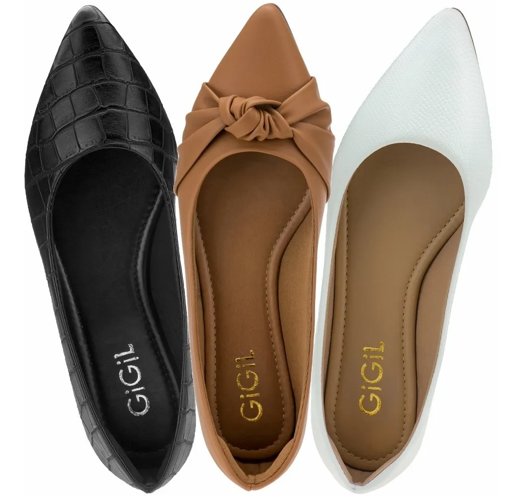 GIGIL.OFICIAL | 3 Pares Sapatilha Feminina Scarpin Rasteirinha Macia Atacado - R$ 120,00