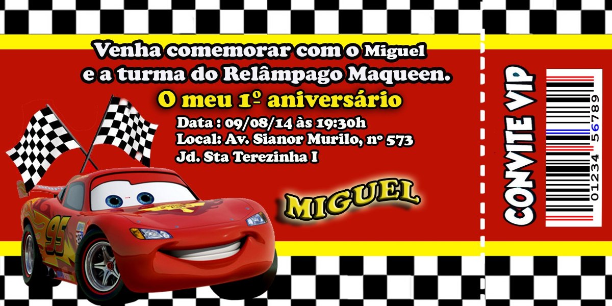 30 Convite Carros Dos Desenhos Animados Disney - R$ 18,00 