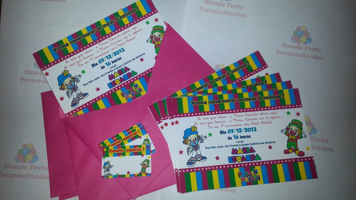 30 Convite Infantil 10x15 Circo Patati Patatá C/ Envelope 