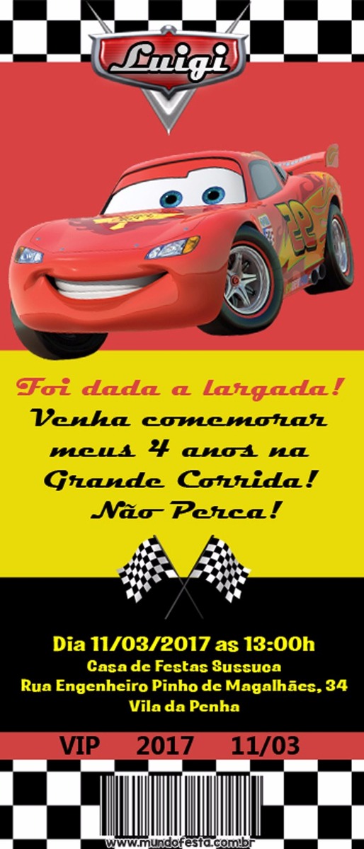 50 Convite De Aniversário Ingresso Carros Disney 48horas 