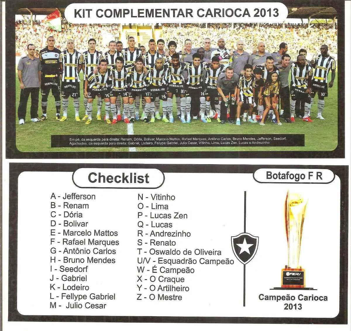 Kit Figurinhas Extras Carioca 2013 - Botafogo Campeão !!!