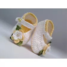 A196 Sapatinho De Croche Feminino Amarelo Branco Bebe Menina