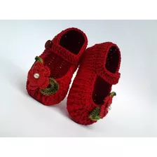 A 122 Sapatinho Croche Feminino Vermelho Bebe Enxoval Menina