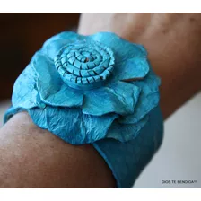 Pulsera Brazalete Flor Cuero Turquesa