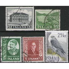 Islandia 5 Sellos Usados Altos Valores Años 1950-59 = Aves