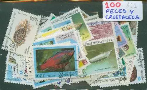 100 Estampillas De Peces Y Crustaceos ¡ Distintas !