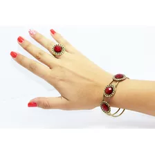 Pulsera Oro Viejo Piedras Rojo Craquelado Y Anillo Pc226