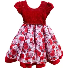 Vestido Infantil[ Festa Luxo Floral Vermelho 4 Ao 12 E Tiara